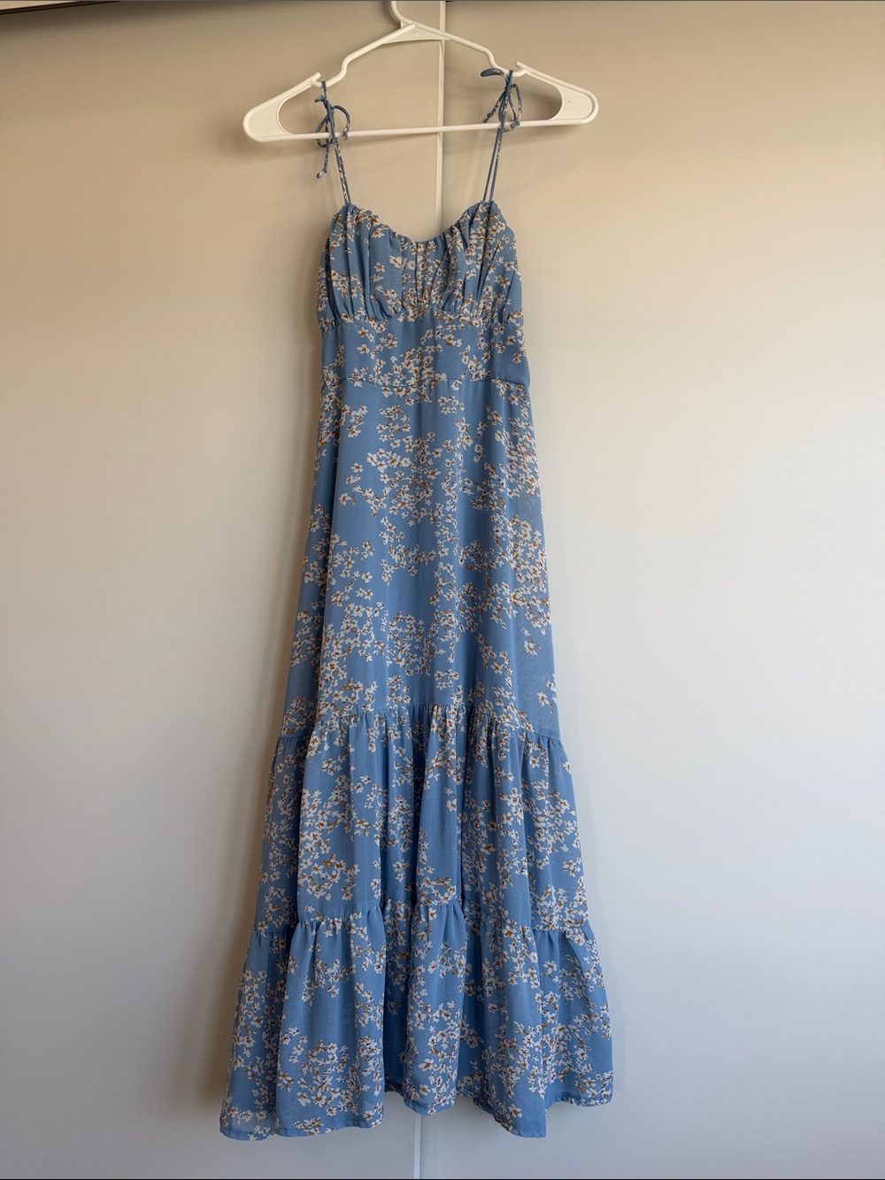 Sky Blue Floral Tie-Strap Maxi Dress